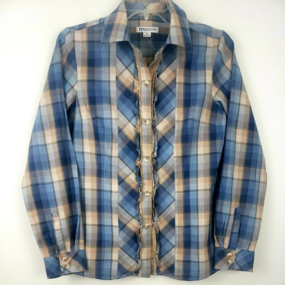 Pendleton Cottage Core Button Up Blouse Plaid Ruffle Lace Front